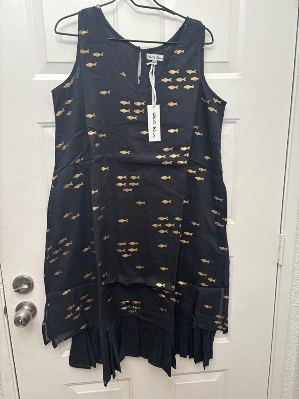 White Waves Black Midi Dress with Gold Fish Print